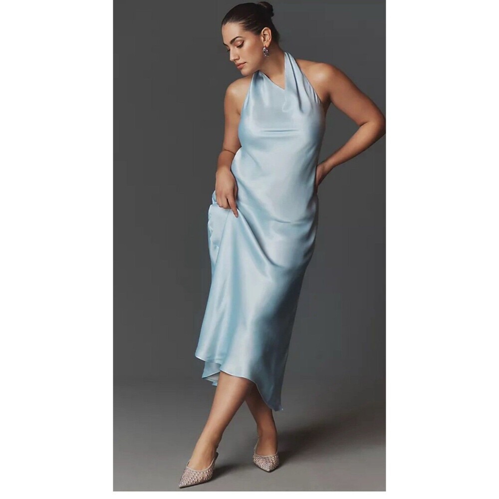 Anthropologie Conditions Apply Midi Dress Blue Reidun Halter Cowl Neck 1X Plus